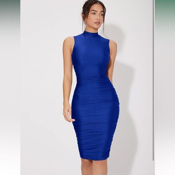 Women's Solid Sleeveless Mock Neck Knee Length Ruched Bodycon Dress Blue Solid L - Picture 4 of 6